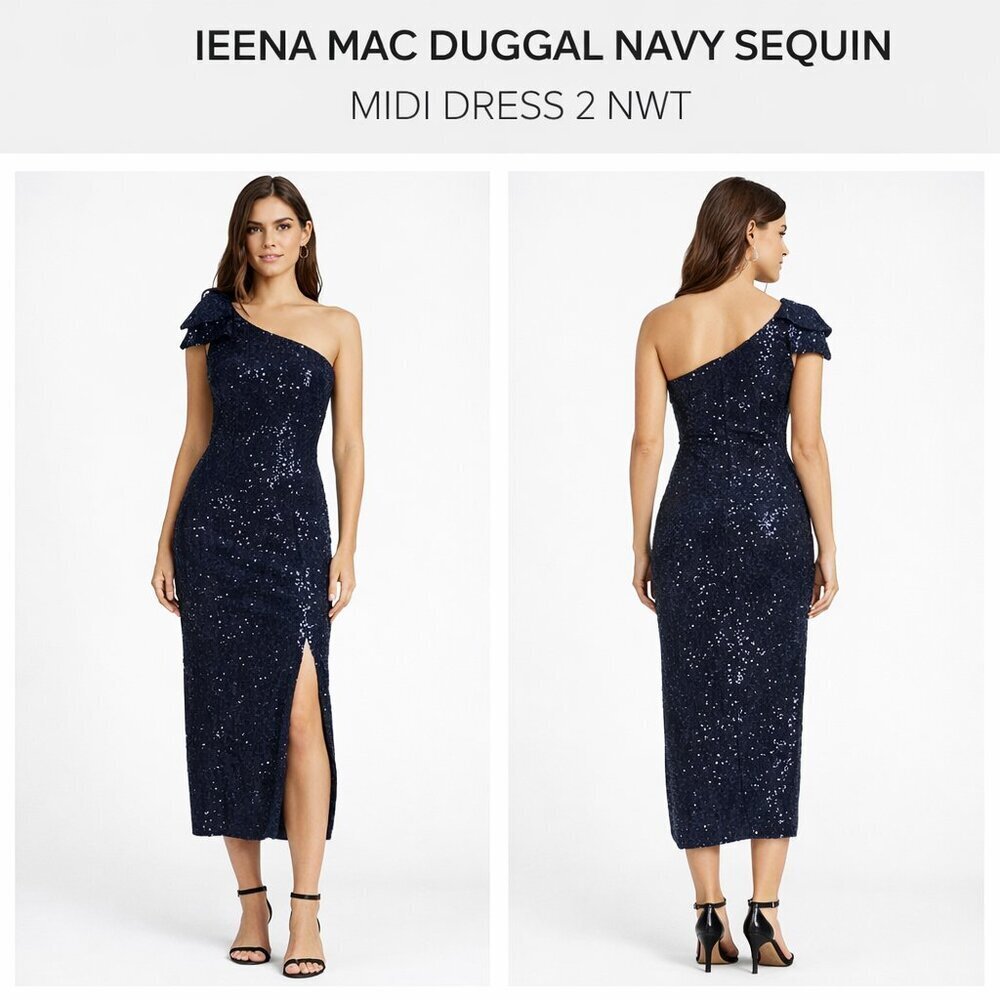 One-Shoulder Navy Sequin Midi Cocktail Dress Size 2 NWT
